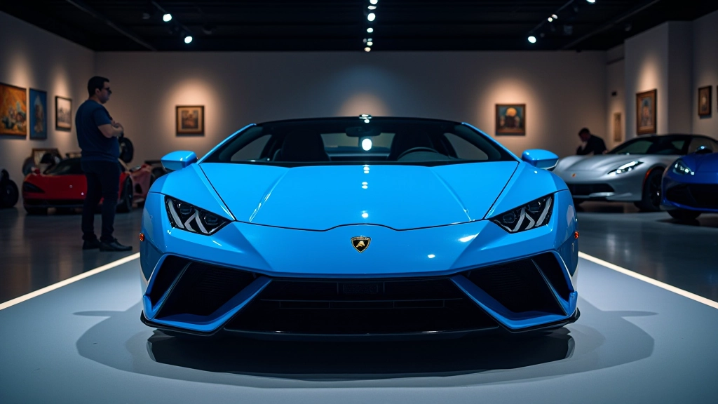 Zils Lamborghini Countach prototips stāv pauza uz izstādes platformas