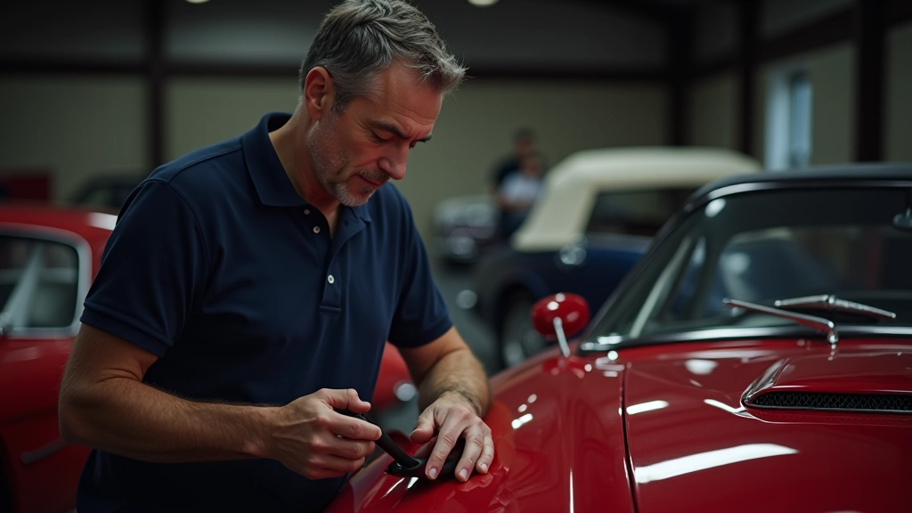 Automobiļu eksperts pārbaudot klasiska Ferrari virsbūves stāvokli ar profesionāliem instrumentiem
