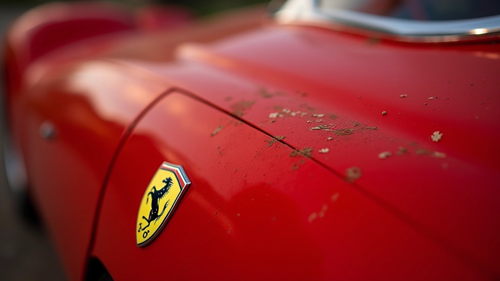 Detalizēts skats uz Ferrari karoserijas marķējumiem un oriģinālajiem krāsojuma slāņiem