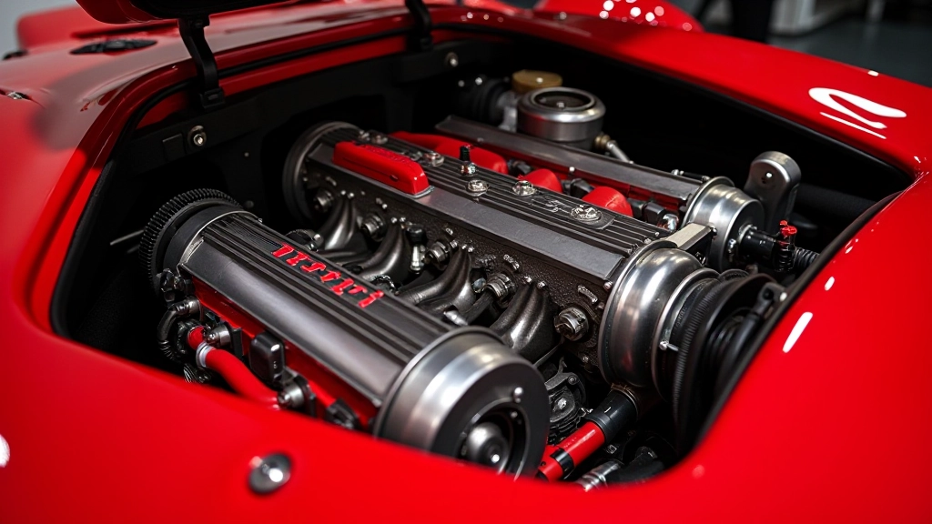Detalizēts skats uz Ferrari motora kompartimentu ar precīziem inženiertehnikas detaļiem