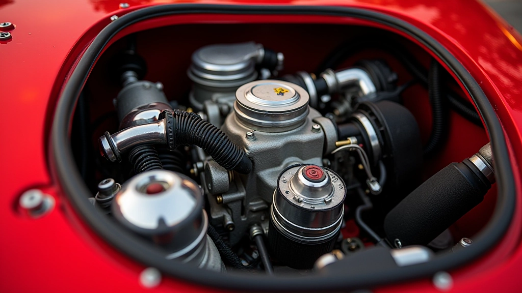 Ferrari motora kompartimenta detalizēts skats ar oriģinālajiem marķējumiem un detaļām