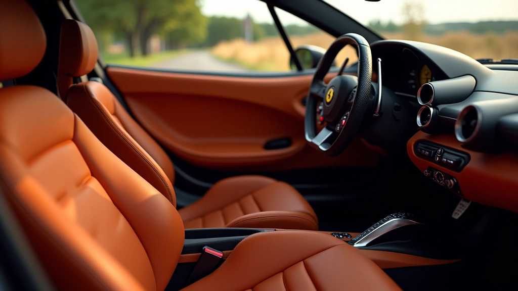 Ferrari interjera skats ar oriģinālajiem ādas sēdekliem un stūri, detalizēta fotografija