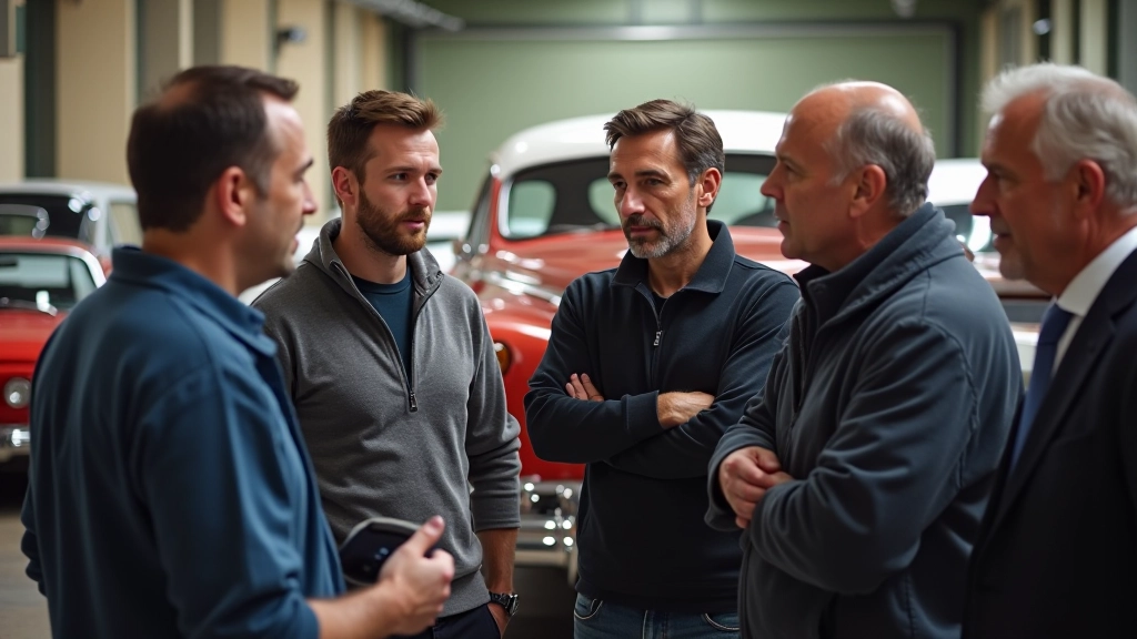 Automobiļu entuziastu grupa diskutē par retajiem modeļiem parka vidū