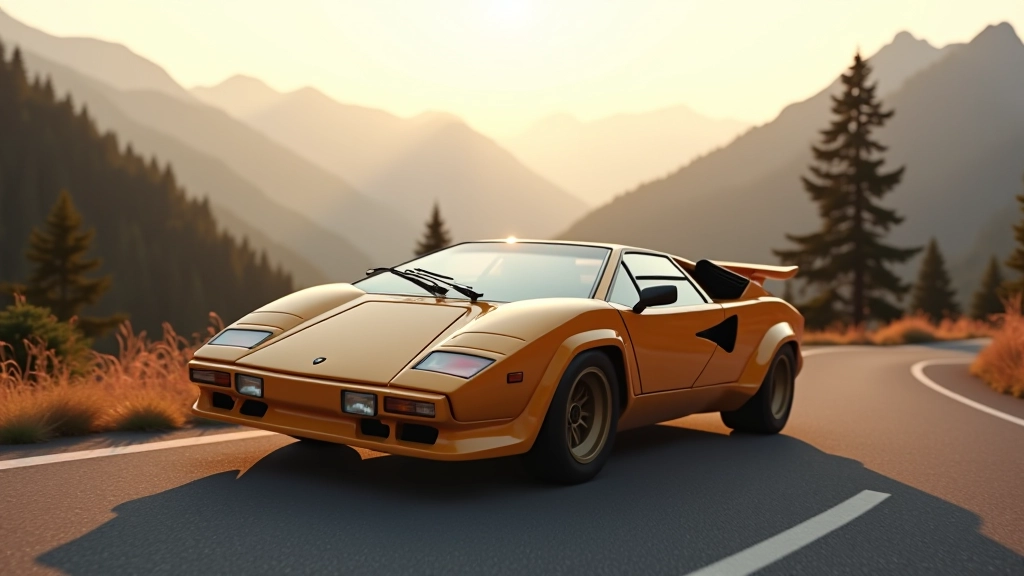 Lamborghini Countach uz autoceļa ar Alpu pēdējiem dabas fonā, skaidra diena