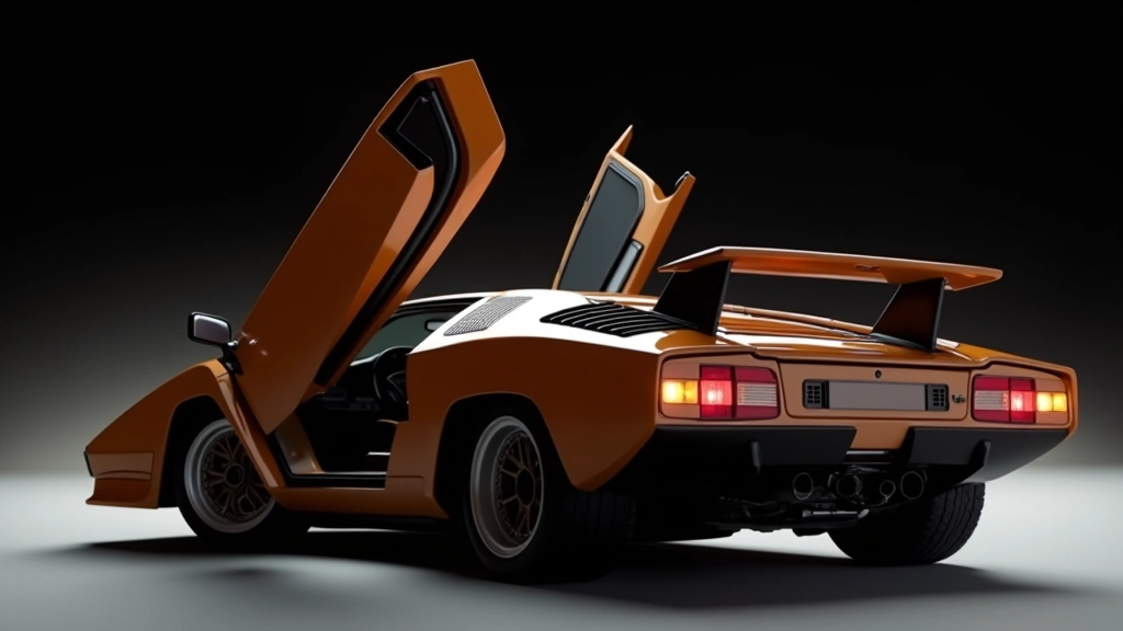 Lamborghini Countach prototipa sānu skats, parādot atgriežamos durvis un asās ģeometrijas līnijas