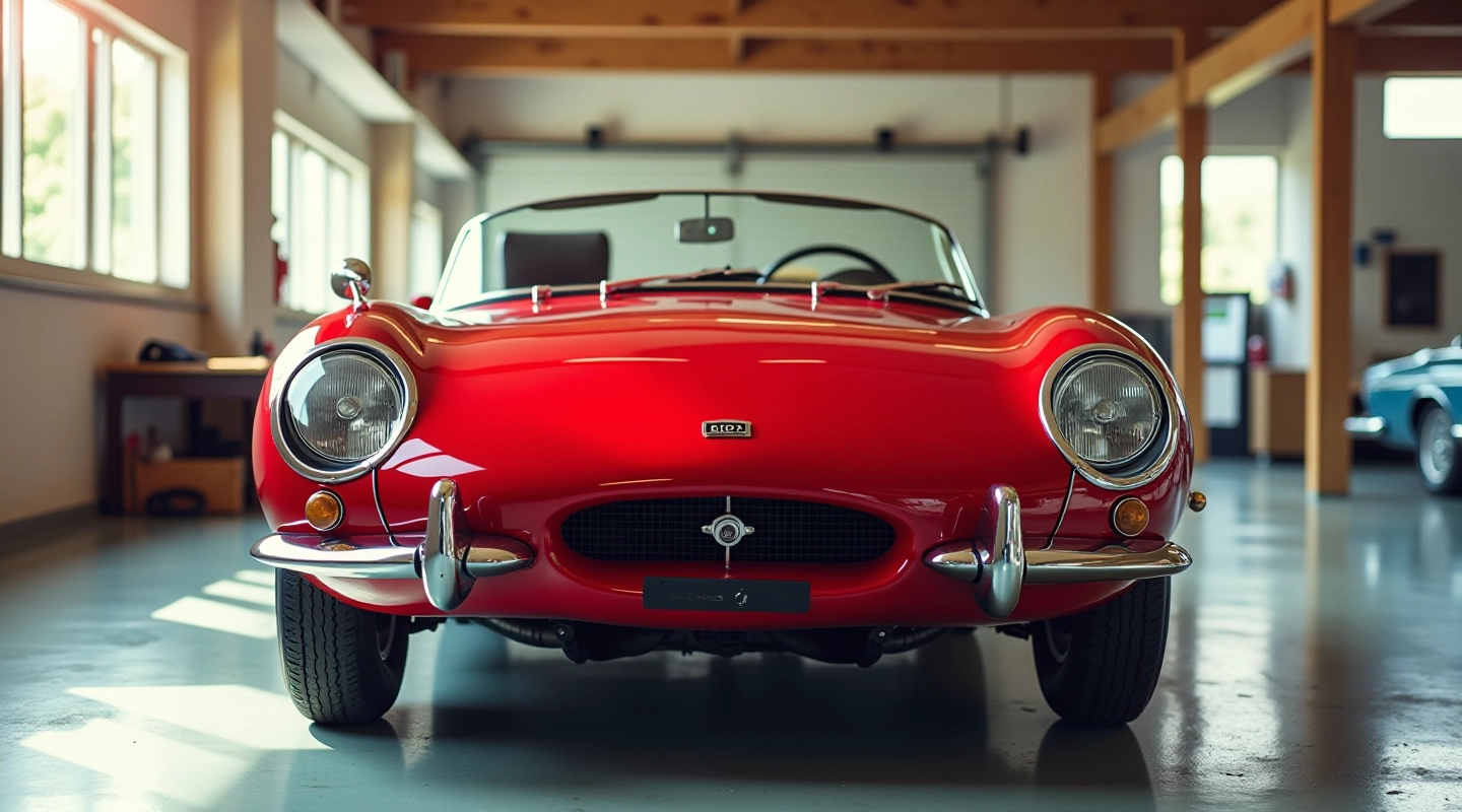 Sarkans klasiskais sports cars stāv garajā garāžā ar dabīgo gaismu